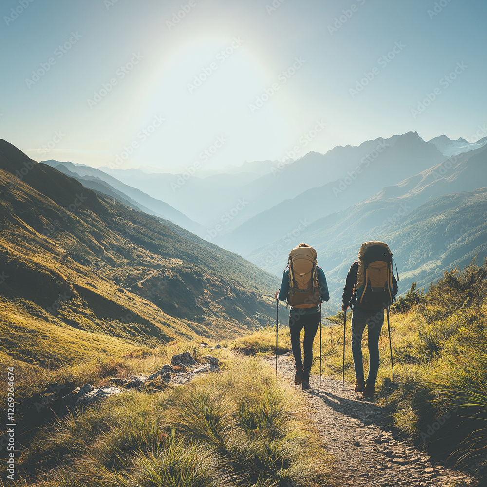 Fototapeta premium Adventure Hiking: Couple Exploring Mountain Trails and Scenic Views