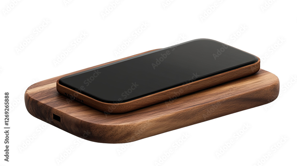 Wireless Charging Station: A sleek, modern wireless charging station, featuring a smartphone resting atop a wooden base, showcasing minimalist design and modern technology. Wireless Charging Station: A sleek, modern wireless charging station, featuring a smartphone resting atop a wooden base, showcasing minimalist design and modern technology.