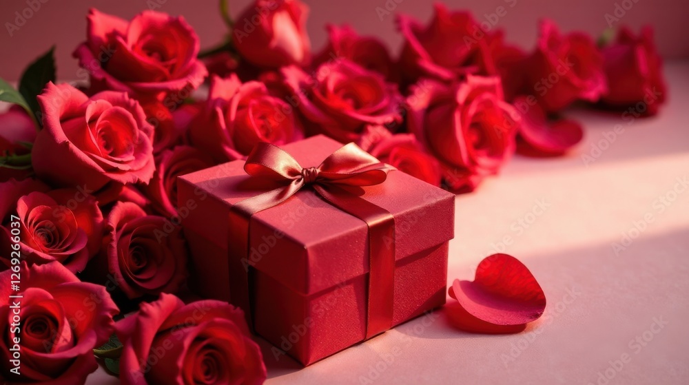 Fototapeta premium A Crimson Gift Box Adorned with a Satin Bow Nestled Amongst a Bountiful Bouquet of Deep Red Roses