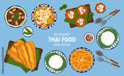 Set of vector illustrations Fried fish on banana leaves, sour curry, steamed rice, Thai food menu from above view. Delicious and various Thai food, colorful cartoon style, bright blue background.