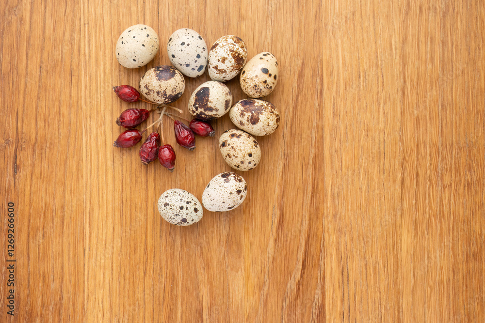 Quail eggs and dried rose hips on a wooden surface
Quail eggs and dried rose hips on a wooden surface
