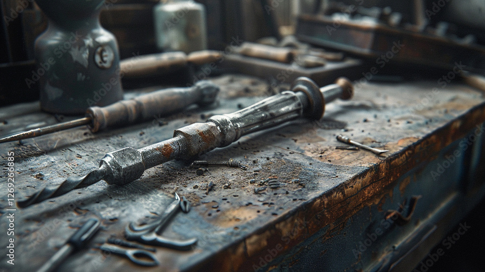 Old Rusty Screwdriver on Workbench: A timeworn screwdriver with a corroded handle rests on a dusty workbench in a tool shed, representing the enduring nature of craftsmanship and the passage of time. Old Rusty Screwdriver on Workbench: A timeworn screwdriver with a corroded handle rests on a dusty workbench in a tool shed, representing the enduring nature of craftsmanship and the passage of time.