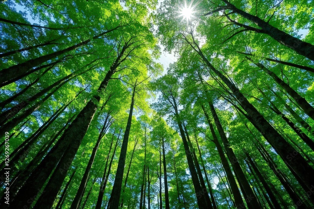 Looking up at the green tops of trees in forest Looking up at the green tops of trees in forest