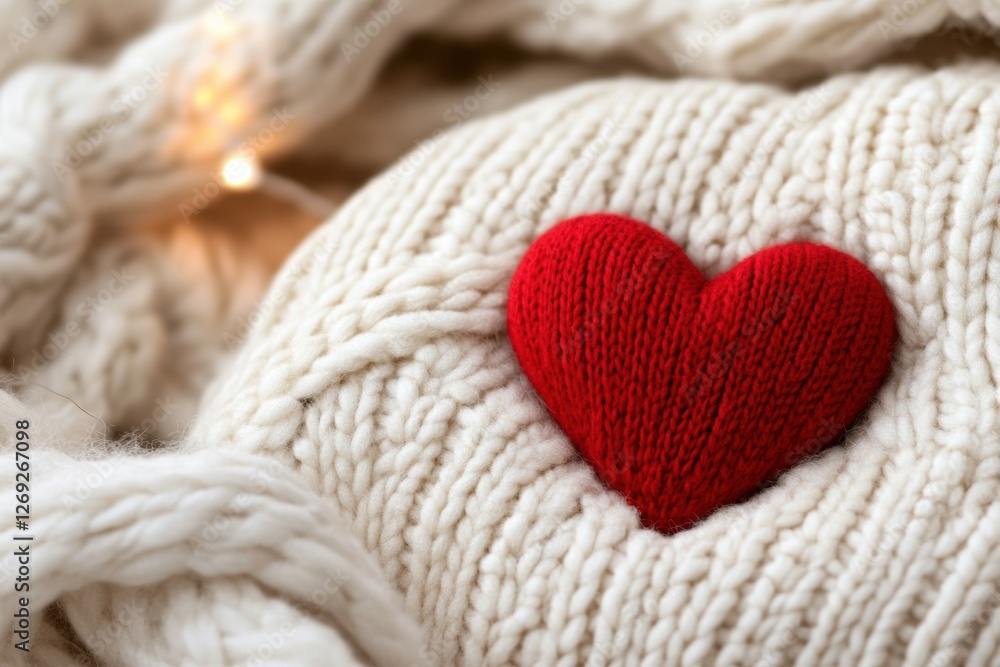 Red knitted heart on cozy cream wool background with twinkling lights Red knitted heart on cozy cream wool background with twinkling lights