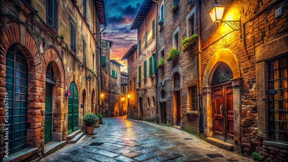 Fototapeta premium Surreal Siena Street: Dreamlike Italian Alleyway, Tuscany Architecture, Narrow Street Photography