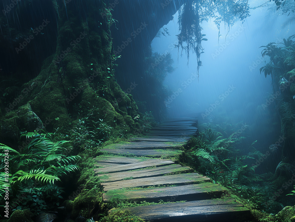 Wooden walk path in the in the foggy, green rain forest,during the rain. In a very beautiful place. Wooden walk path in the in the foggy, green rain forest,during the rain. In a very beautiful place.