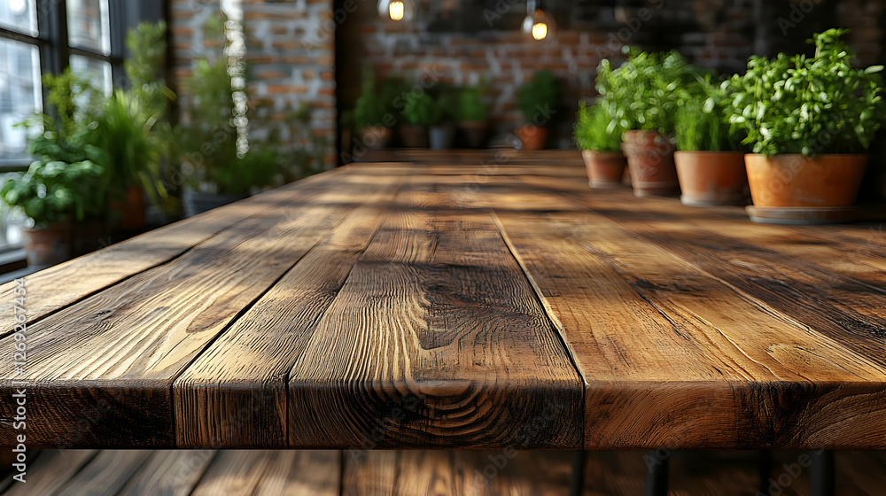 Rustic Wooden Table Top In Cafe With Plants Rustic Wooden Table Top In Cafe With Plants