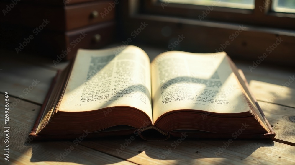 Fototapeta premium Sunlight illuminates an antique book resting on a wooden surface, its aged pages filled with the wisdom of generations past, a testament to time's enduring legacy and the power of storytelling.
