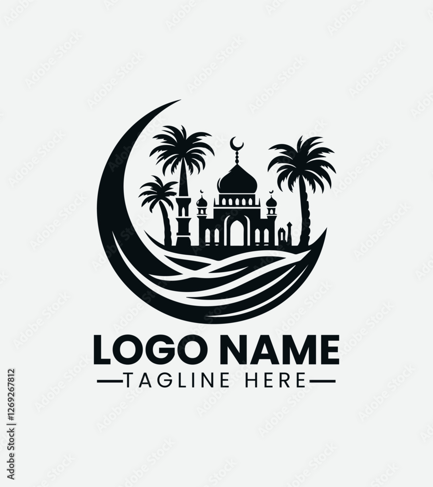 Naklejka premium Mosque and Palm Tree Logo Design, Islamic Oasis Logo, Desert Mosque Logo
