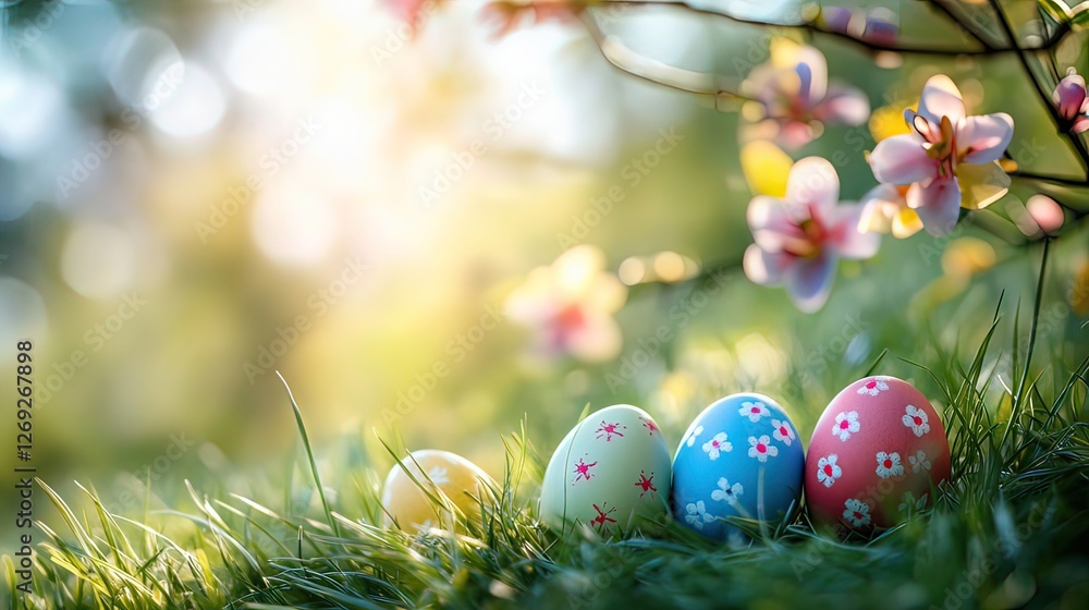 Colorful Easter eggs in spring grass with pastel flowers, embodying joy and renewal. Colorful Easter eggs in spring grass with pastel flowers, embodying joy and renewal.