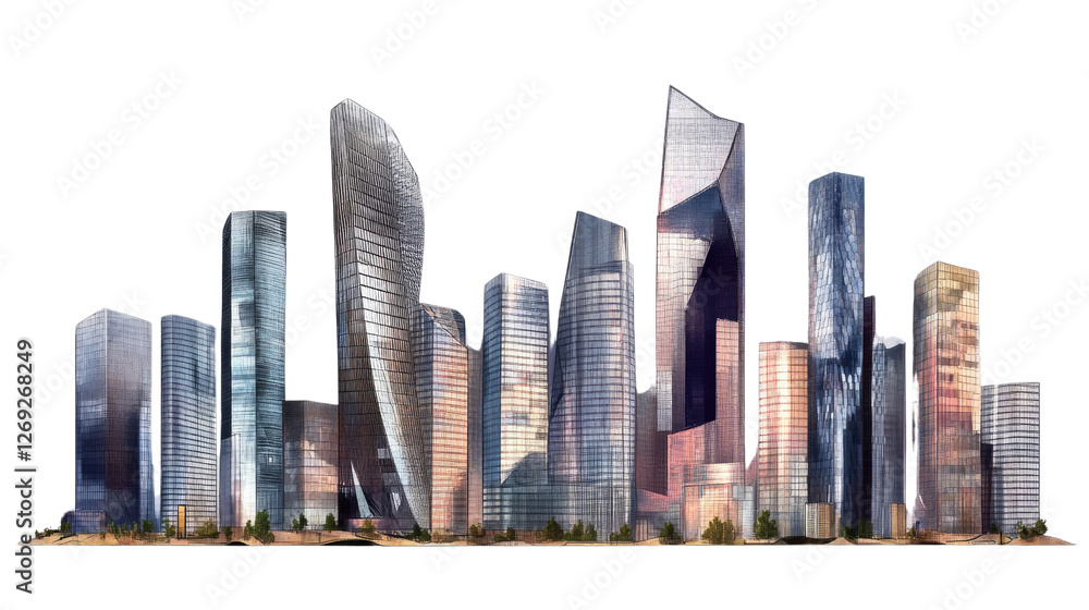 Fototapeta premium Cityscape of Modern Skyscrapers: A captivating view of a modern cityscape, featuring a cluster of towering skyscrapers with diverse architectural styles.