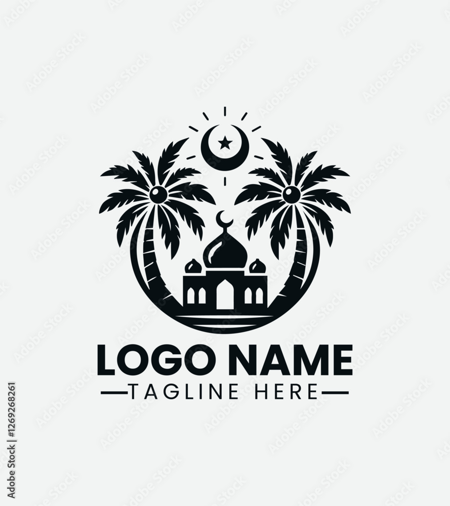 Naklejka premium Mosque and Palm Tree Logo Design, Islamic Oasis Logo, Desert Mosque Logo