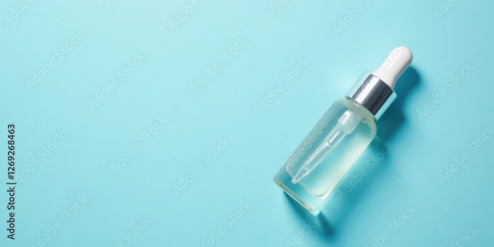 A Clear Glass Dropper Bottle of Liquid on a Light Blue Background A Clear Glass Dropper Bottle of Liquid on a Light Blue Background
