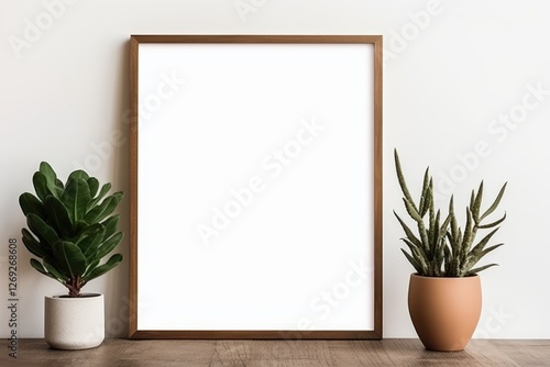 A minimalist interior scene featuring a blank picture frame on a wooden surface, complemented by two decorative potted plants.