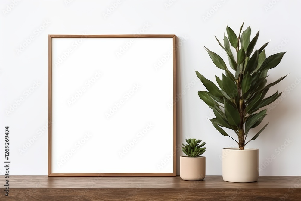 A simple, modern display featuring a blank frame alongside potted plants on a wooden shelf against a white wall. A simple, modern display featuring a blank frame alongside potted plants on a wooden shelf against a white wall.