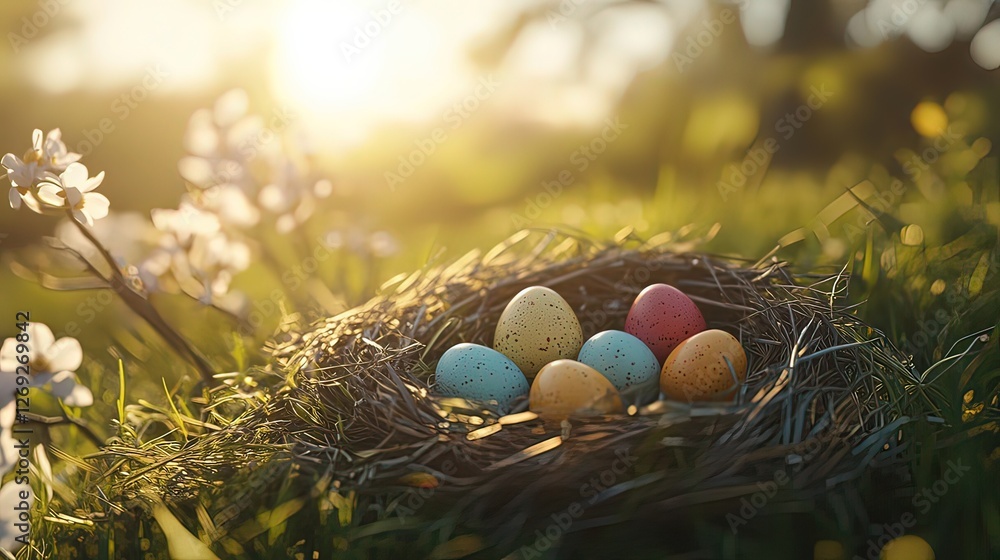 Colorful Easter eggs in spring grass with pastel flowers, embodying joy and renewal. Colorful Easter eggs in spring grass with pastel flowers, embodying joy and renewal.