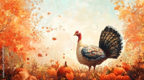 background for thanksgiving card, turkey, pumpkins, food, in speedpainting style, clear background  photo