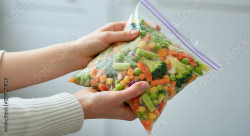 Hands holding a resealable bag of fresh frozen mixed vegetables in kitchen setting photo