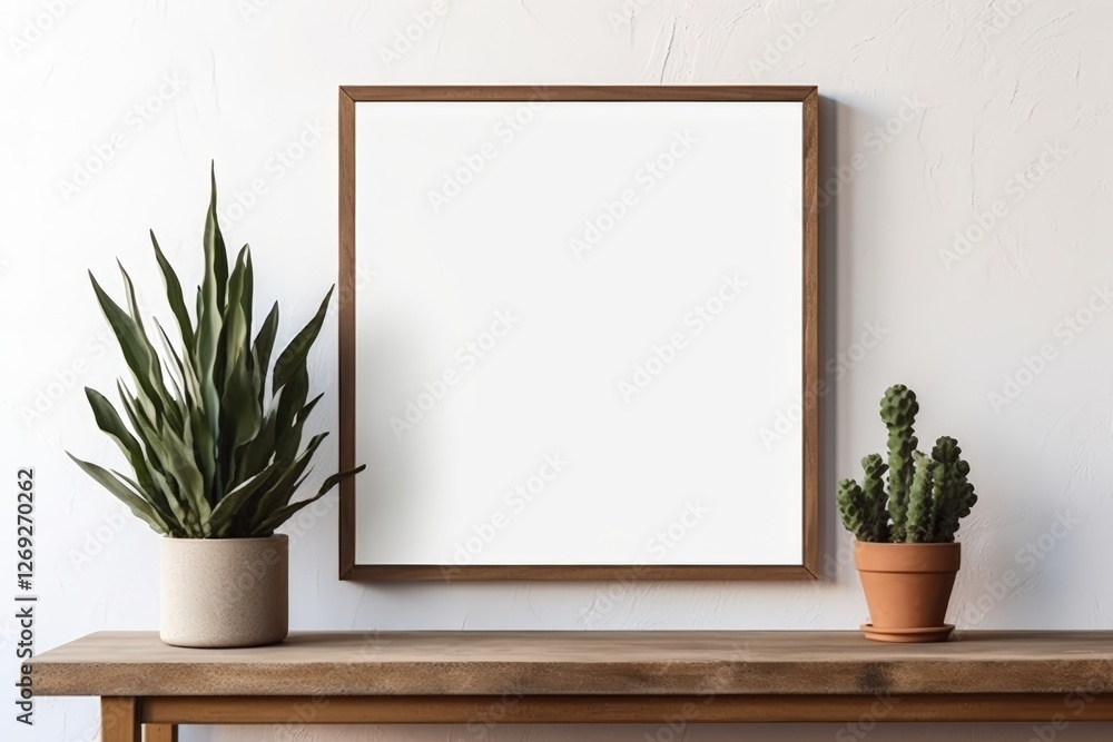 A minimalist scene featuring a blank frame on a wall above a wooden table, accompanied by potted plants for a fresh, modern touch. A minimalist scene featuring a blank frame on a wall above a wooden table, accompanied by potted plants for a fresh, modern touch.
