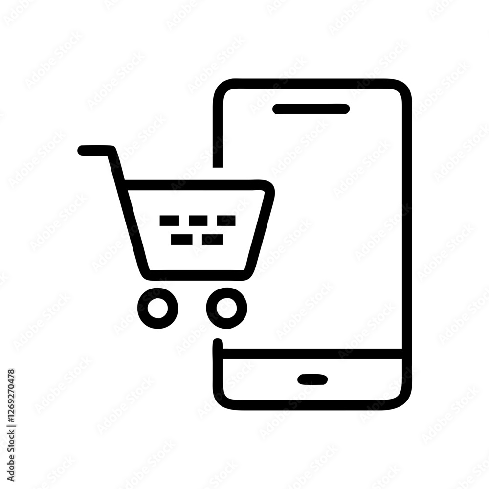 Shopping cart icon next to smartphone Shopping cart icon next to smartphone