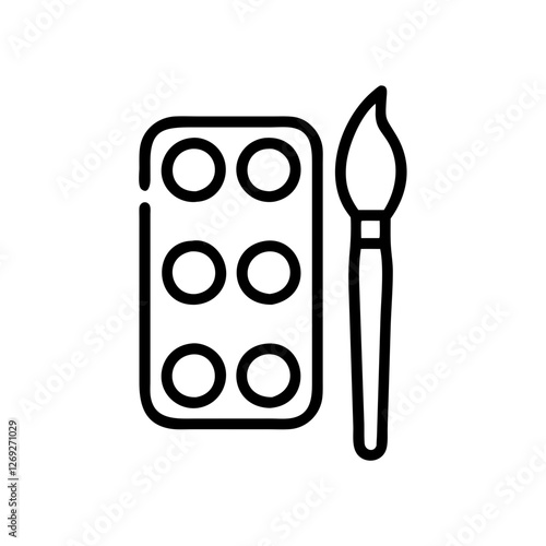 Simple black vector icon of a watercolor set with a brush and paint palette