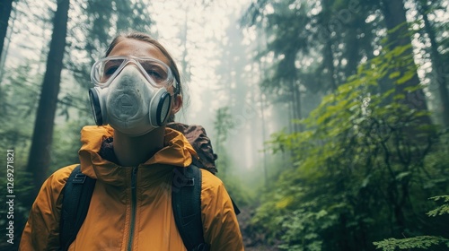 A person wearing a PM 2.5 breathing mask in a polluted forest