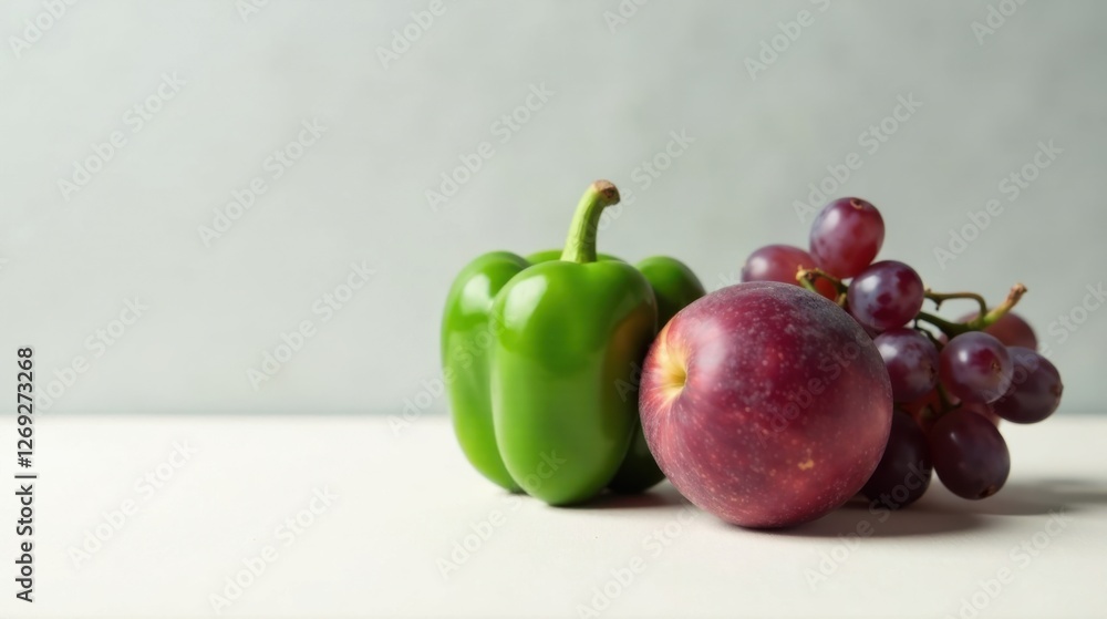 A vibrant green bell pepper rests beside a cluster of dark red grapes and a deep crimson apple, all positioned on a pristine white surface against a muted gray backdrop. A vibrant green bell pepper rests beside a cluster of dark red grapes and a deep crimson apple, all positioned on a pristine white surface against a muted gray backdrop.