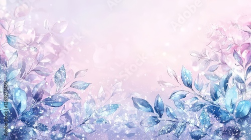 Icy Blue Watercolor Frost Art with Floral Border on Pale Lavender Background