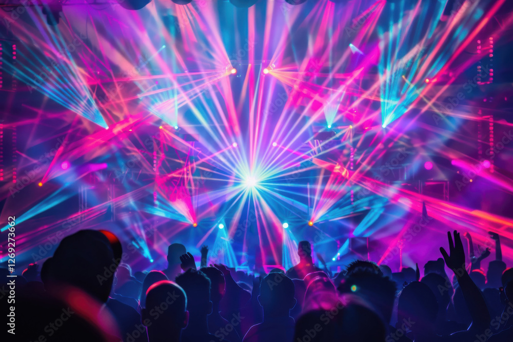 Obraz premium Colorful laser lights dazzle the beach music festival, creating a mesmerizing backdrop for epic disco tunes and an unforgettable night.