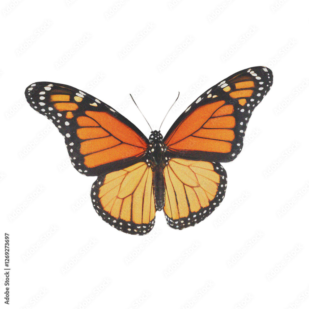 Fototapeta premium Vintage orange and black monarch butterfly with elegant wings in a classic artistic nature design.