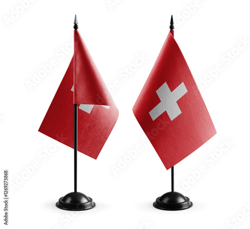 Small national flags of the Switzerland on a white background