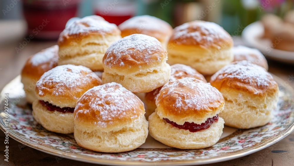 Sweet jam-filled scones on ornate plate, outdoor setting Sweet jam-filled scones on ornate plate, outdoor setting