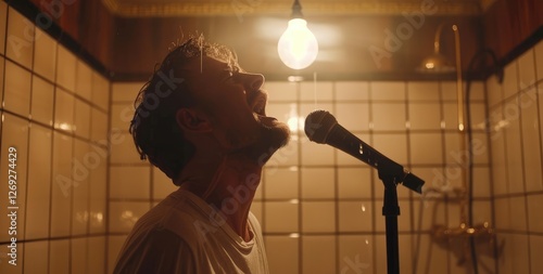 Intense musician passionately singing into a microphone in a dimly lit shower setting, evoking raw emotion