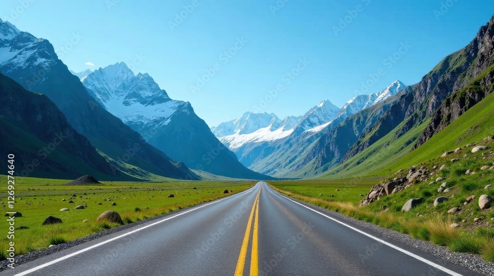 Naklejka premium Asphalt ribbon unwinding through a majestic mountain valley, a scenic drive towards snow-capped peaks under a vibrant sky