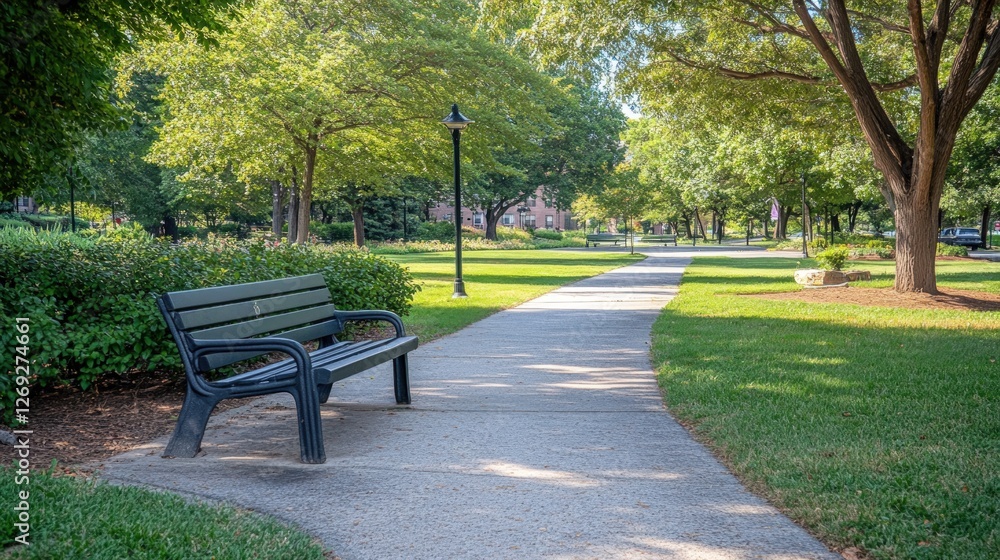Serene park pathway with bench, trees, and sunlight. Serene park pathway with bench, trees, and sunlight.