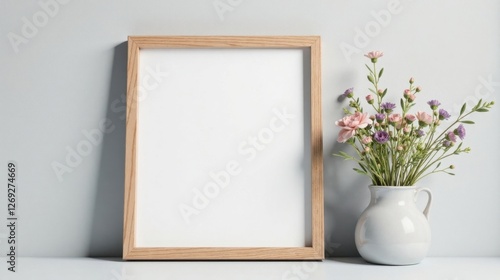 A Simple Wooden Frame and Delicate Pastel Flowers in a White Vase, Set Against a Light Grey Wall