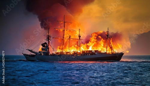Wallpaper Mural Historic ship engulfed in flames during a dramatic maritime incident at sunset Torontodigital.ca