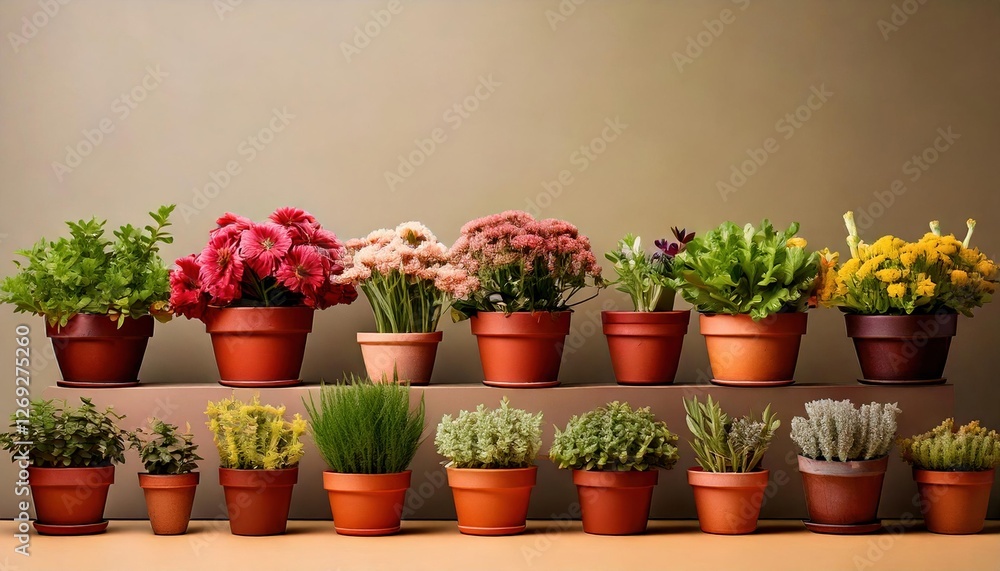 Colorful collection of potted plants arranged neatly on a shelf indoors Colorful collection of potted plants arranged neatly on a shelf indoors