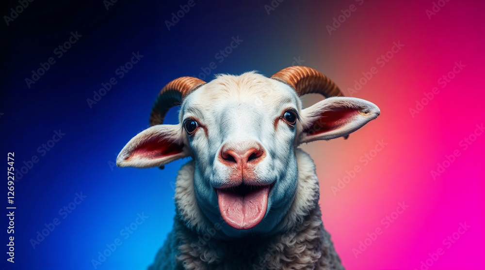 Smiling goat with its tongue out on colorful background Smiling goat with its tongue out on colorful background
