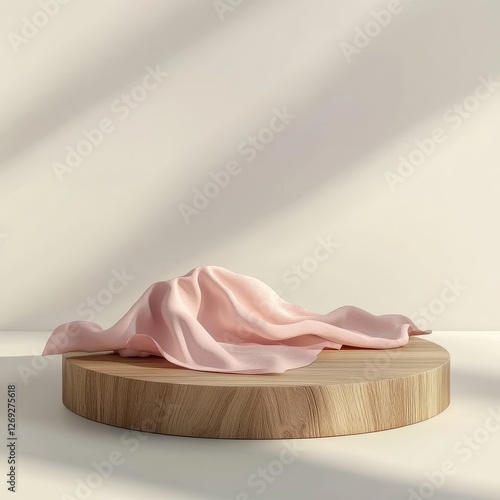 Wooden podium with a pink cloth on a white background. 3d rendering