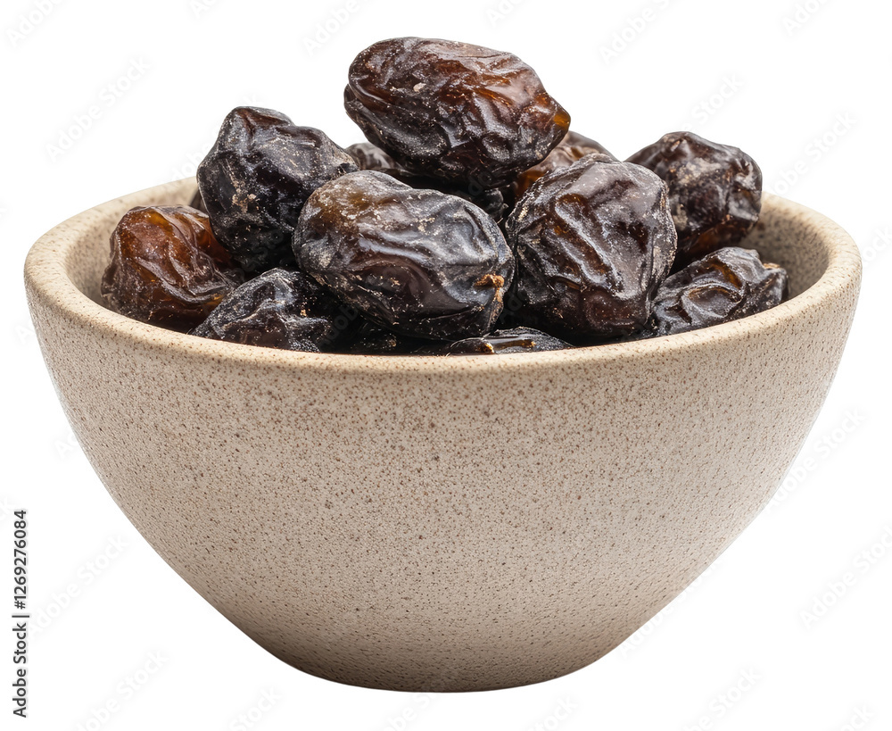 Dried dates in a bowl isolated on white background, traditional Eid or Ramadan food, healthy natural snack, Middle Eastern cuisine, festive celebration, cultural tradition, organic dried fruit Dried dates in a bowl isolated on white background, traditional Eid or Ramadan food, healthy natural snack, Middle Eastern cuisine, festive celebration, cultural tradition, organic dried fruit