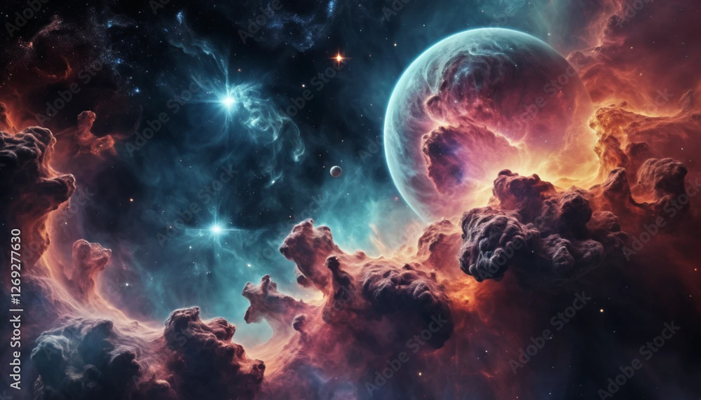 Dramatic Nebula and Planet Scene with Star Clusters in Deep Space Dramatic Nebula and Planet Scene with Star Clusters in Deep Space