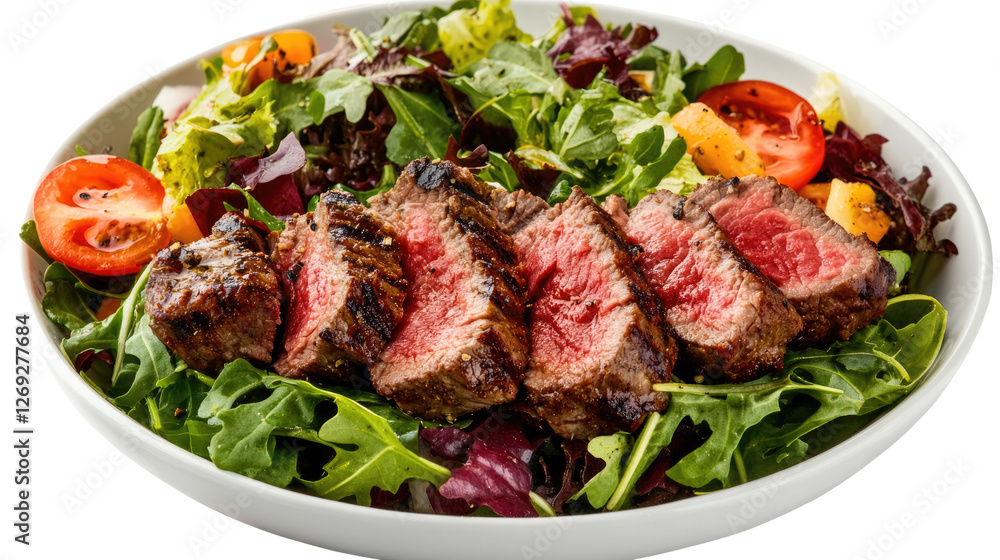 Grilled Steak Salad: A vibrant and appetizing image of a fresh salad topped with perfectly grilled steak slices, showcasing a balanced and delicious meal. Grilled Steak Salad: A vibrant and appetizing image of a fresh salad topped with perfectly grilled steak slices, showcasing a balanced and delicious meal.