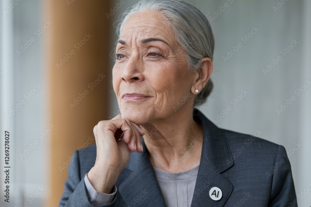 Thoughtful Elderly Businesswoman Gray Hair Modern Professional Attire - AI Leadership Diversity Technology Business Marketing Materials Thoughtful Elderly Businesswoman Gray Hair Modern Professional Attire - AI Leadership Diversity Technology Business Marketing Materials
