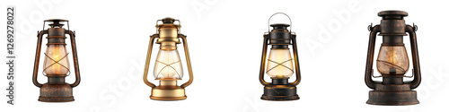 Vintage rustic kerosene oil lanterns and lamps with warm glowing flames and flickering light creating a cozy rustic ambiance photo