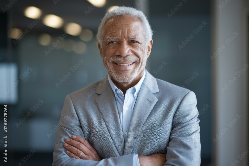 Confident Older African American Businessman Smiling Light Gray Suit - Professional Leadership Diversity Modern Office Environment Corporate Marketing Confident Older African American Businessman Smiling Light Gray Suit - Professional Leadership Diversity Modern Office Environment Corporate Marketing