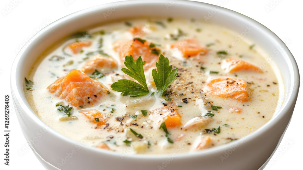 Salmon Chowder: A close-up shot captures the creamy texture of a bowl of salmon chowder, garnished with fresh parsley and pepper, it shows its deliciousness. Salmon Chowder: A close-up shot captures the creamy texture of a bowl of salmon chowder, garnished with fresh parsley and pepper, it shows its deliciousness.