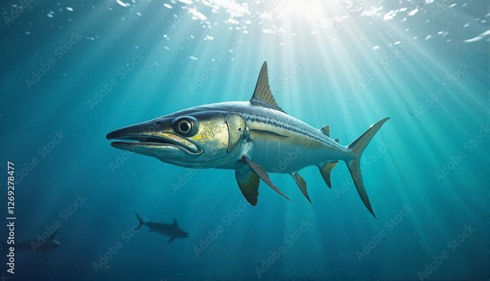 Fototapeta premium Barracuda swimming, confident mood, open sea in clear ocean waters