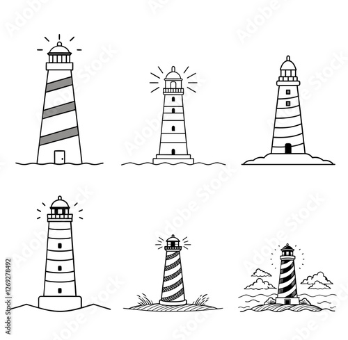 Sea lighthouse black vector set icon