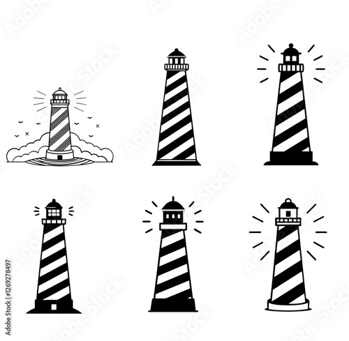 Sea lighthouse black vector set icon